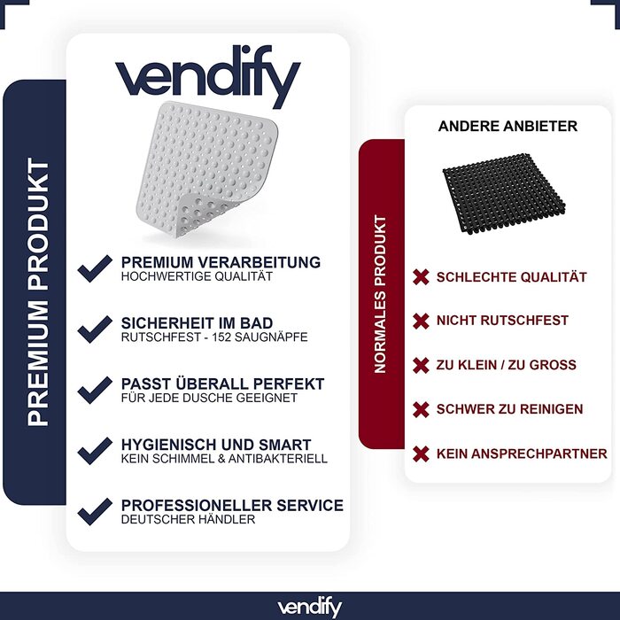 Преміум килимок для душу Vendify, нековзкий, 53x53 см, квадратний, для душу та ванни, BPA Free, з 152 присосками, стійкий до плісняви, машинне прання