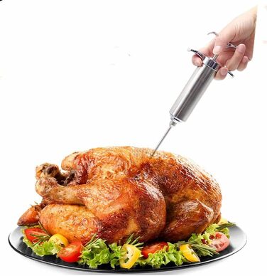 Шприц для маринування м'яса BBQ 60 мл з 3 голками, нержавіюча сталь 304, для м'яса, птиці, випічки (Срібло)