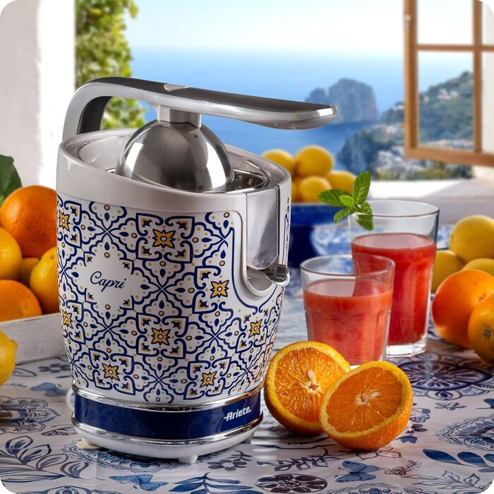 Citrus-прес електричний Ariete 413 Positano з металевим корпусом, 2 насадки, захист від крапель, синій/білий