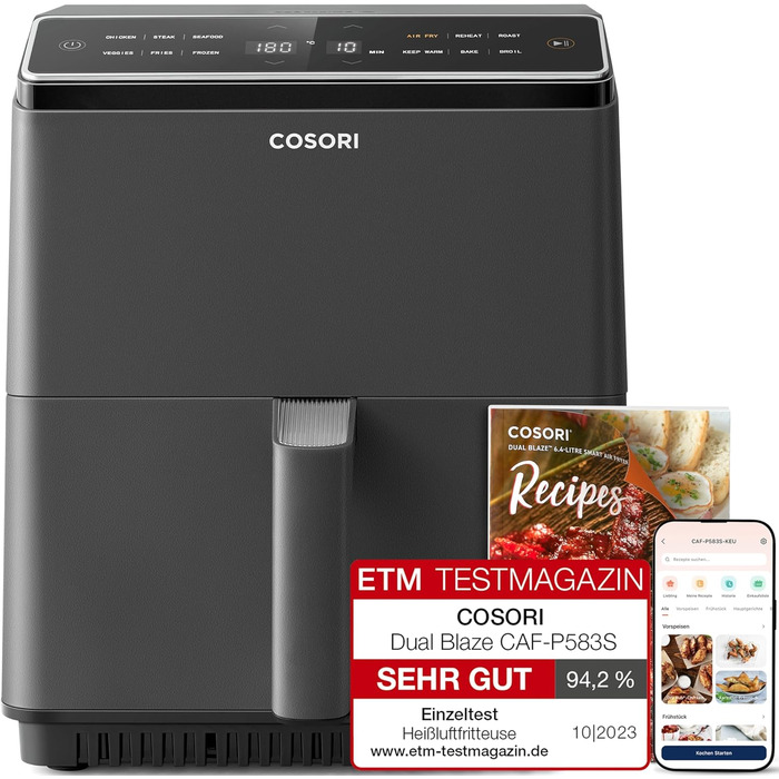 Аерофритюрниця COSORI Dual Blaze XXL 6,4 л з Wi-Fi, 12 програм, 1700 Вт, темно-сіра, книга рецептів