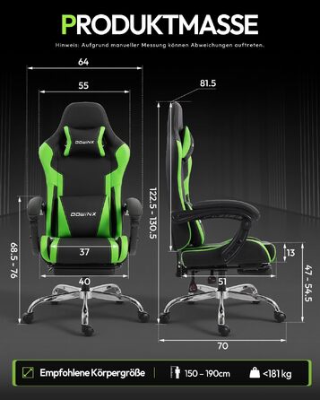 Ігрове крісло Dowinx Ergonomic Gaming Chair з підставкою для ніг, регульованими підлокітниками, навантаження до 150 кг, колір Зелений Pro