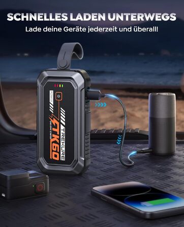 Бустер для автомобіля TREKURE 7000A — Пусковий пристрій (Powerbank) для авто до 9л бензин та 6.5л дизель, з функцією примусового запуску, магнітним кріпленням та 4-в-1 LED робочим світлом, чорний