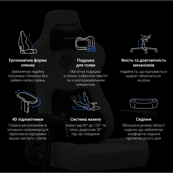 Крісло ігрове Anda Seat Kaiser 3E Dark Grey Fabric Size XL