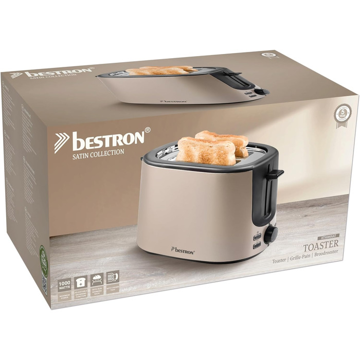 Тостер Bestron Satin Collection на 2 тости, 1000 Вт, 7 рівнів підсмажування, з підносом для крихт та тримачем для булочок, бежевий