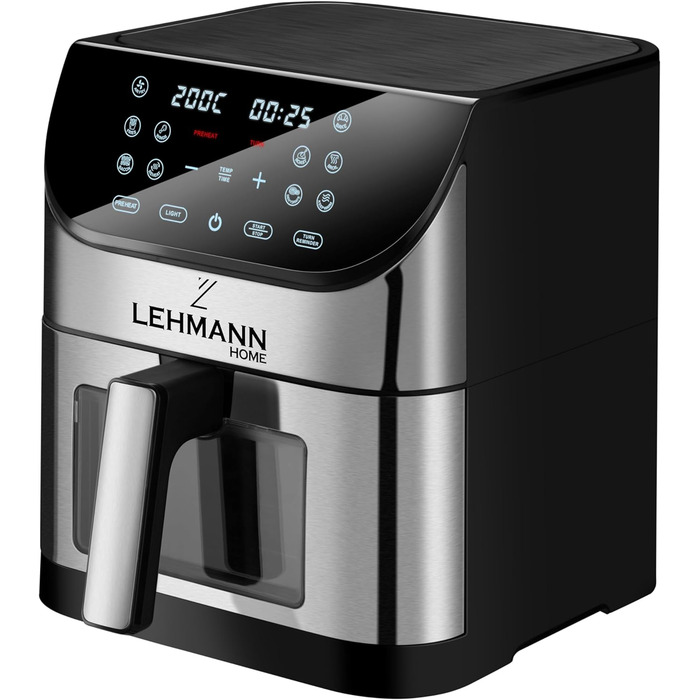 Аерофритюрниця Lehmann XXL 8 л з оглядовим вікном, без масла, 1800 Вт, з підсвіткою, температурний контроль до 200°C, 10 програм, таймер, сенсорне управління
