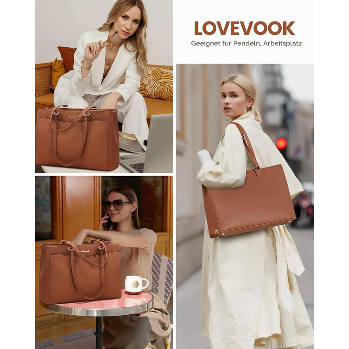 Жіноча сумка для ноутбука LOVEVOOK, шкіряна сумка-тоут (Коричнева, 17 дюймів)