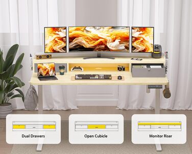 Електричний стіл-трансформер WALKINGDESK з дуба, 140x61 см, регульований письмовий стіл із 2 шухлядами для домашнього офісу, ергономічний стіл-сидячи-стоячи з полицею, тримачем для ручок та гачками