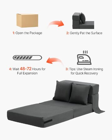 Диван-ліжко VEVOR 3-в-1 розкладний, з подушками, знімним чохлом, піна Memory Foam, сірий (односпальний) 1860x730x150 мм
