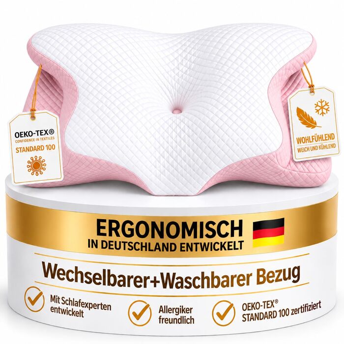 Ортопедична подушка для шиї та голови Premium з ефектом пам'яті (Memory Foam), ергономічна подушка-метелик для сну на боці та спині, рожева, зі знімним чохлом