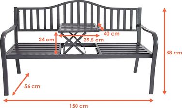 Металева садова лавка з інтегрованим столиком 150x56 см, 2-в-1, антрацит, порошкове покриття, лавка-паркова з відкидним столиком, для саду, балкона, тераси, витримує 450 кг, для вулиці, стійка до погодних умов