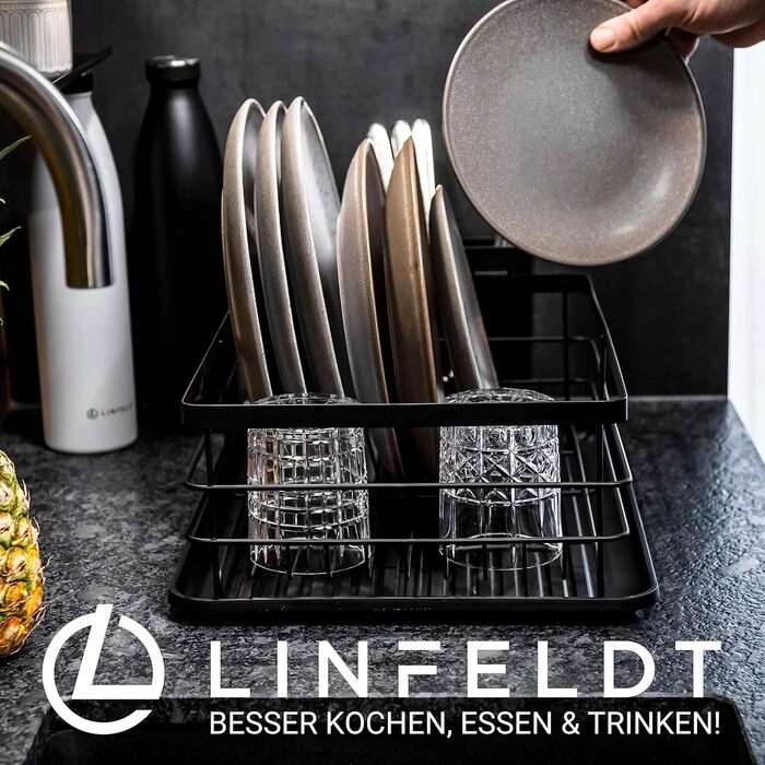 Сушарка для посуду LINFELDT з металу, чорна, 42,5×31,5×14,5 см, на 10 тарілок і 20+ столових приборів, для мийки, зі зливом, легована сталь