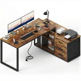 Кутовий письмовий стіл JUMMICO з шухлядами, 140x105x75 см, коричневий, з USB та розетками