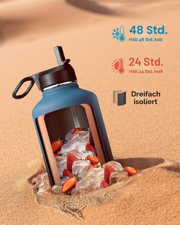 Термобутилка Coolflask 2Л зі сталі нержавіюючої з соломинкою та 3 кришками, вакуумний ізольований спорт-флакон для води та офісу, герметична, колір Indigo Black