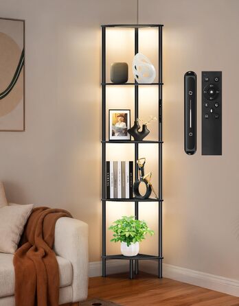LED торшер з полицею, 3 режими світла, димування (сенсор/пульт), кутова полиця 5 рівнів, вузька книжкова шафа для вітальні, спальні, офісу, чорний