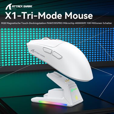 Ігрова бездротова миша Attack Shark X1 з RGB док-станцією, сенсором PixArt PAW3395PRO, 40000 DPI, вага 53г, підтримка BT/2.4G/Wired для Windows, Mac, Xbox, PS (Білий/Червоний)