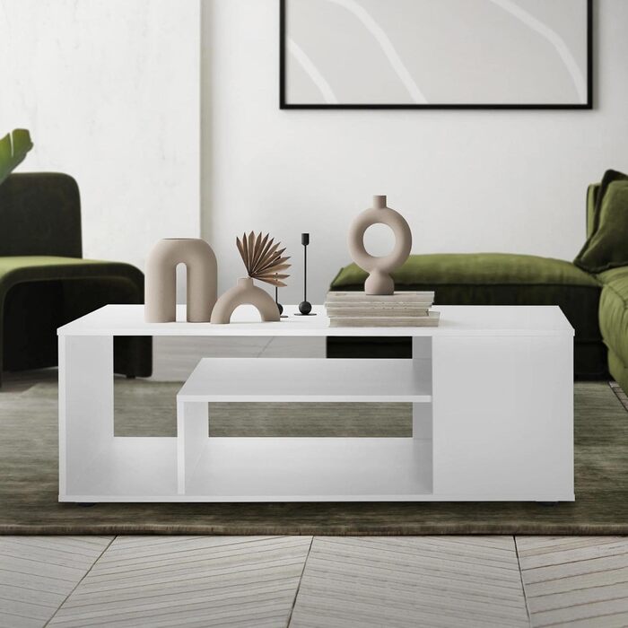 Стіл журнальний ML-Design білий глянець 100x42x60 см, з полицею зі скла та 4 бічними відділеннями, сучасний стіл для вітальні з місцем для зберігання, дерев'яний кофейний стіл