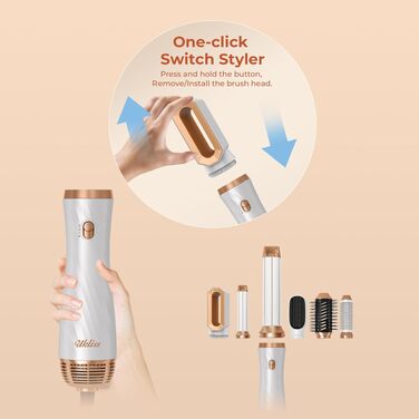 UKLISS Hairstyler 6 в 1: Професійний фен-щітка з насадками для укладки волосся 1000 Вт, повітряна щітка, мультистайлер, білий (золотий)