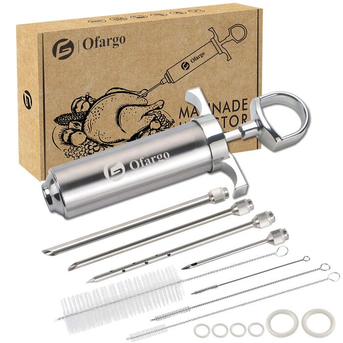 Шприц для м'яса Ofargo 304 з нержавіючої сталі, комплект з 4 голками для маринування, 57г, інструкція + eBook рецептів, для BBQ, гриля, коптильні