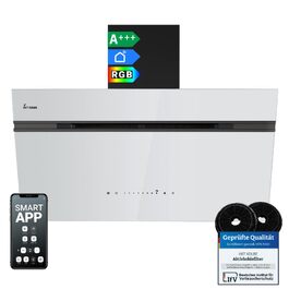 Витяжка для кухні KKT KOLBE AURORA6005FB 90 см, чорна з білим склом, потужність 782 м³/год, WiFi, RGBW LED-підсвітка, сенсорне керування, режим рециркуляції та відведення
