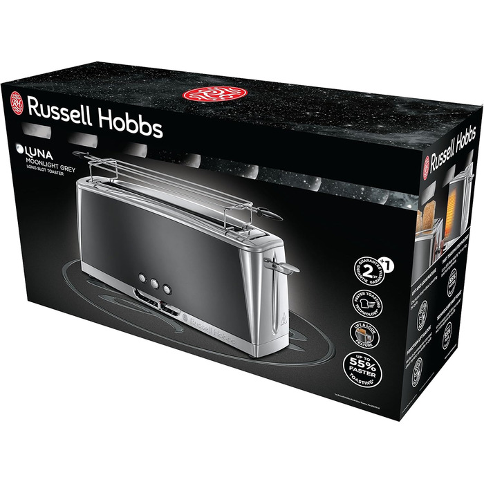 Тостер Russell Hobbs Luna Edelstahl Grau для 2-х скибочок хліба (широкі слоти) з підставкою для булочок, 6 режимів підсмажування, розморожування та підігрів - 23251-56