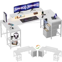 Ігровий кутовий стіл JUMMICO L-подібний 170x95 см з LED підсвіткою, регульованою підставкою під монітор, 3 шухляди, 2 розетки, 2 USB, сталевий та дерев'яний, білий
