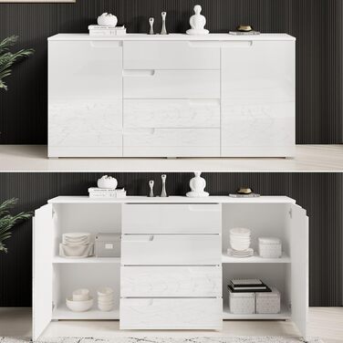 Комод Stella Trading SPICE у білому глянці, сучасний, 165x80x40 см, з великим місцем для зберігання для вітальні