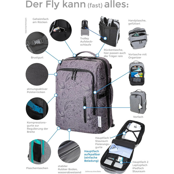 Рюкзак Elephant Fly Legends XL 45 л для ручної поклажі, антивор, відділення для ноутбука, сіро-пейслі, для літака, автобуса