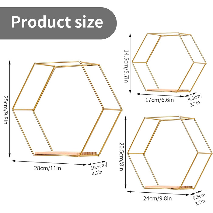 Набір настінних полиць Panthem Hexagon, 3 шт., метал, золотий, декор для вітальні, спальні, ванної, кафе, готелю