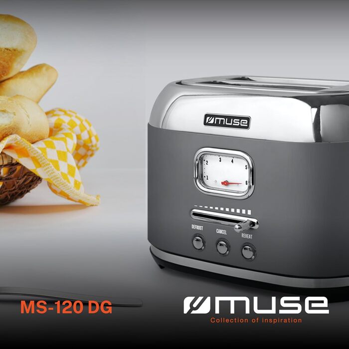 Тостер Muse MS-130 BC Edelstahl сірий ретро, 6 рівнів підсмажування, 2 відділення, з піддоном для крихт