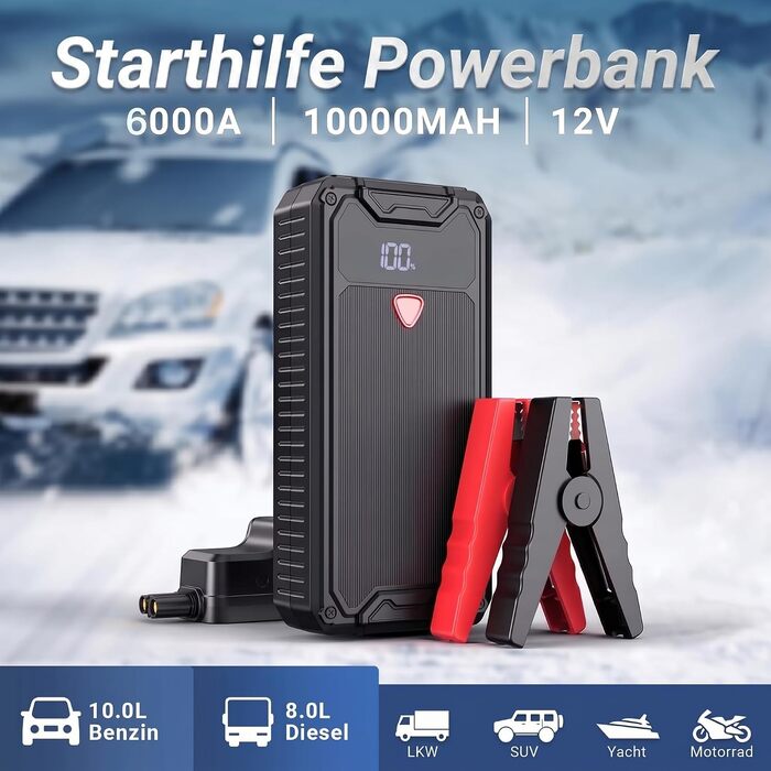 Пусковий пристрій (бустер) Starthilfe 6000A з компресором 150 PSI, 9-в-1: автозапуск для бензинових та дизельних двигунів до 14л, електричний насос та Powerbank з швидкою зарядкою 30W, 12V