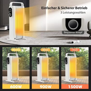 Електричний масляний радіатор COSTWAY 1500W, 7 секцій, регулювання температури 5-35℃, 3 режими потужності, мобільний обігрівач з колесами та захистом від перегріву, Білий