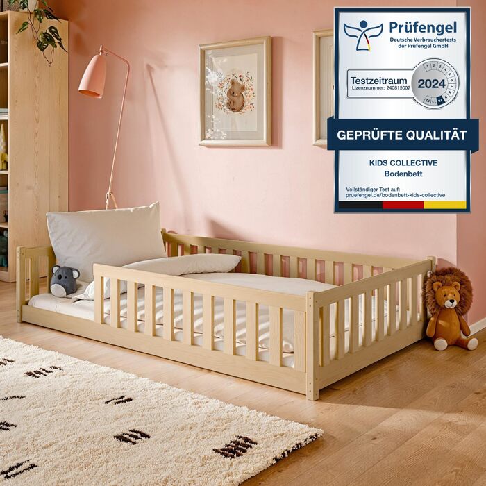 Дитяче ліжко Монтессорі Kids Collective 120x200 см, дерев'яне підлогове ліжко з бортиками та ламелями, натуральна сосна, для хлопчиків та дівчаток