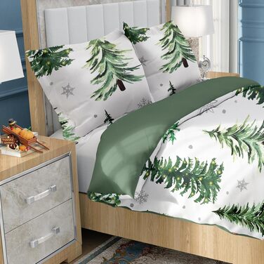 Комплект зимової постільної білизни WONGS BEDDING з новорічним принтом (Санта-Клаус), м'яка мікрофібра, 200x200 см, зелений з ялинкою (підковдра та наволочка 80x80 см)