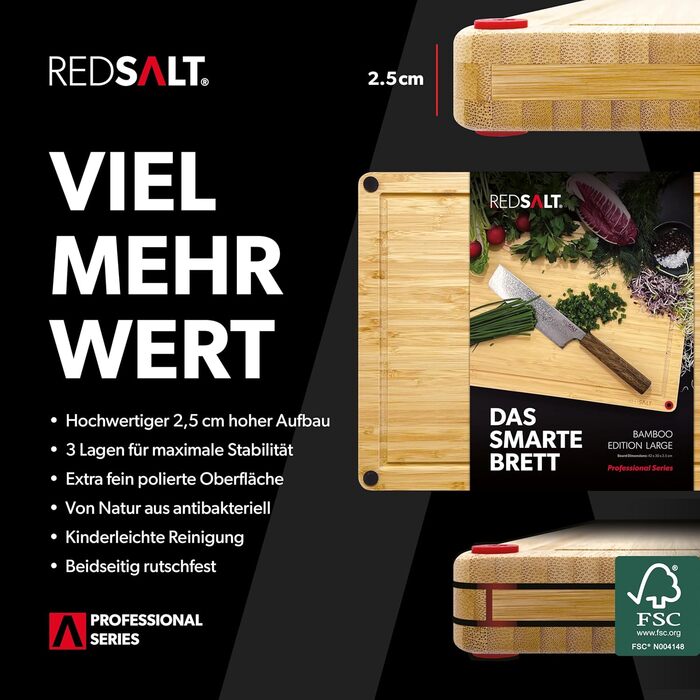 REDSALT інноваційна біо дошка для нарізання з бамбука та дерева, рифлена, реверсивна, 42x30x2,5 см, FSC, екологічна, для кухні та гриля, подарунок