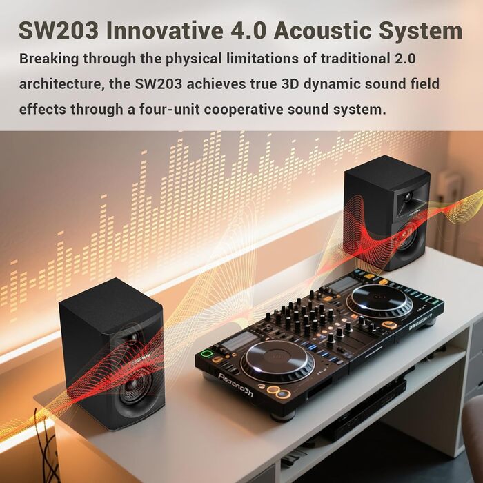 Sanyun SW203: Акустична система 4.0 для студії - 60W, 4-смугова, DSP, 3D звук, USB/Bluetooth 5.4, 24bit DAC, 3