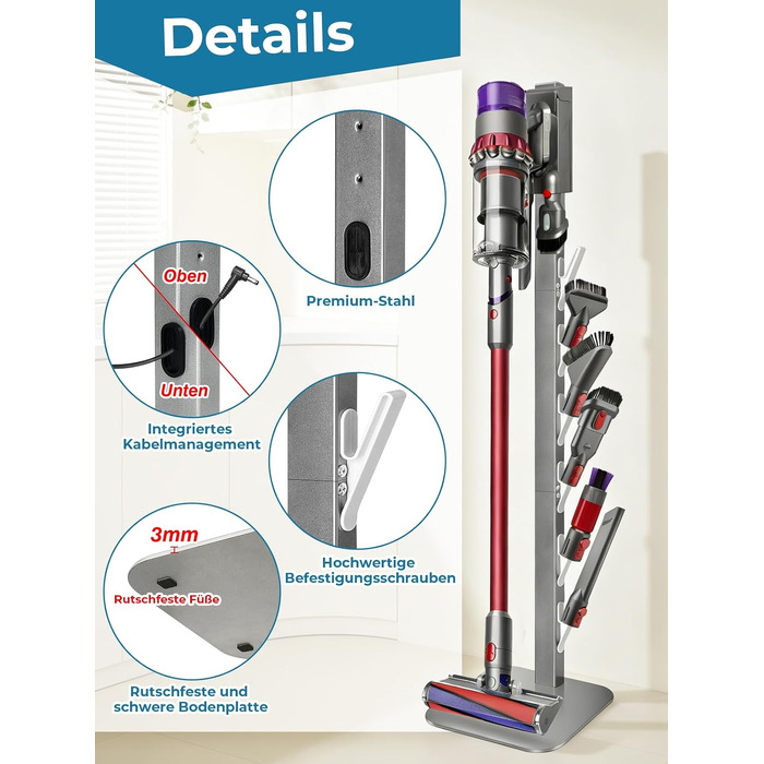 Металевий стійка-тримач JUPELI для пилососів Dyson V16, Gen5, V15, V12, V11, V10, V8, V7, V6 — підставка для зберігання пилососа та аксесуарів, без свердління (Сріблястий)