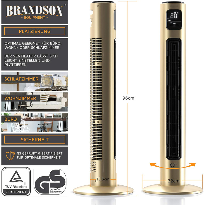 Вентилятор Tower Brandson з пультом дистанційного керування, 96 см, 3 швидкості, коливання 60°, мобільний, колір шампань