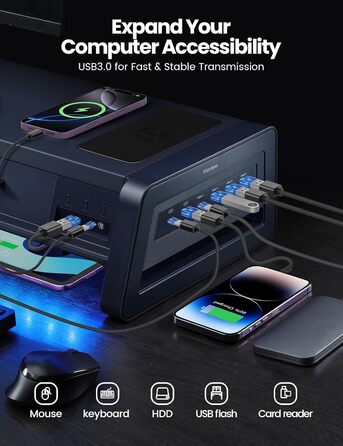 Підставка для двох моніторів VAYDEER з USB-хабом, підставкою для телефону, шухлядою та органайзером для кабелів, 4 режими LED-підсвічування, біла, витримує до 50 кг