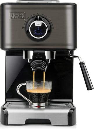 Еспресо-машина BLACK+DECKER BXCO1200E, 20 Бар, 1200 Вт, з капучинатором, для меленої кави та кавових подушечок, нержавіюча сталь, чорна, швидкий нагрів Thermoblock