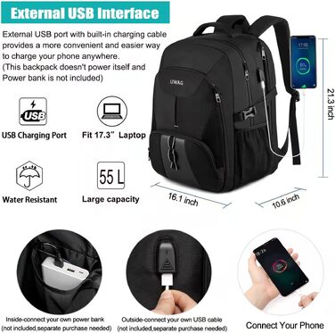 Великий водонепроникний рюкзак для чоловіків та жінок 50Л з USB-портом, містка сумка для ноутбука 17 дюймів, бізнес-рюкзак для подорожей, роботи та навчання, чорний