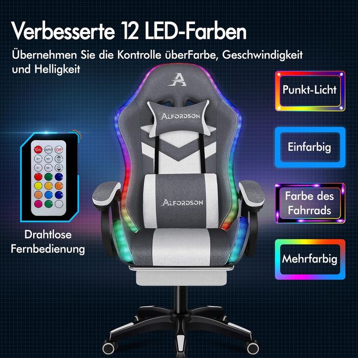 Ігрове крісло ALFORDSON з LED-підсвіткою, 8-точковий масаж, ергономічне крісло для геймерів з RGB, підголівником і поперековою підтримкою, тканина, сірий