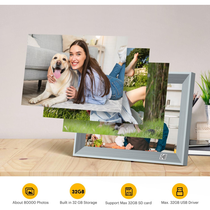 Цифровий фоторамка Kodak 10 дюймів з Wi-Fi, акумулятором 4000mAh та 32GB пам'яті, IPS HD сенсорний екран, авто-поворот, для перегляду фото та відео (10 дюймів, сірий)