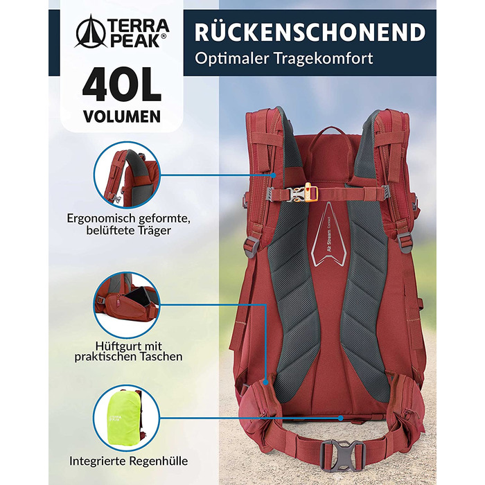 Туристичний рюкзак Terra Peak Flex 40 л, преміум, з вентиляцією спини, дощовиком і кріпленням для гідратора, 3D Air Mesh, з поясом, для трекінгу, темно-червоний