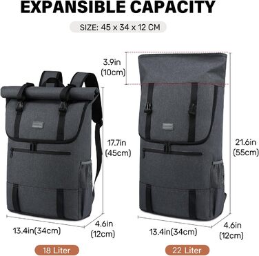 Рюкзак LOVEVOOK Rolltop для чоловіків і жінок, водонепроникний, для ноутбука 15,6'' – шкільний, дорожній, ручна поклажа для подорожей і бізнесу, чорний