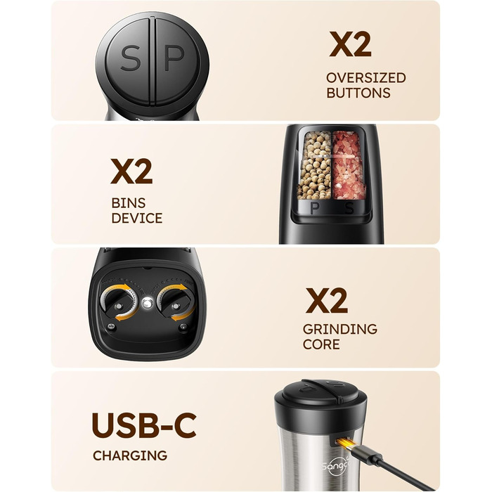 Електричний набір млинків для солі та перцю 2 в 1 Sangcon, USB-зарядка, автоматичний помол однією рукою, керамічні жернова з підсвічуванням, колір Metallic Gunmetal
