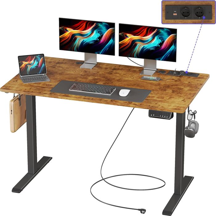 JOISCOPE електричний стіл для роботи стоячи, 140 см, з розеткою, USB та Type-C, для домашнього офісу, легко монтується, антикварний дуб, 55 дюймів