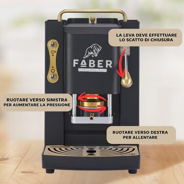 Кавомашина FABER Deluxe 3.0 ESE 44мм, чорна: професійна кавоварка з електроклапаном, скляним резервуаром 1л та латунним пресом для кавових таблеток