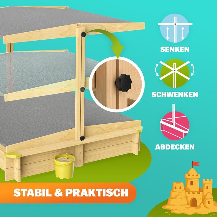 Пісочниця Spielwerk Sonnendach 120x120 см з дахом, натуральне дерево, захист від УФ, борти, підкладка, дитяча пісочниця Fritzi
