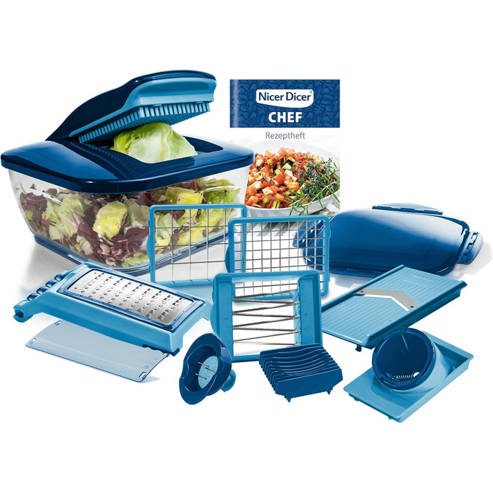 Набір для нарізки овочів Nicer Dicer Chef 15 елементів: нарізник, шинкувальник, нарізник для салату, кубик-нарізник, нарізник для картоплі фрі, хвилястий нарізник, мульти-подрібнювач для фруктів та овочів, кухонний аксесуар з рецептами (блакитний)