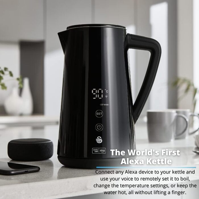 Електрочайник Swan Alexa Smart 1,5 л, WiFi, сенсорний LED-дисплей, підтримка температури, ізольована сталева колба, 1800 Вт, чорний, SK14650BLKN, британська вилка